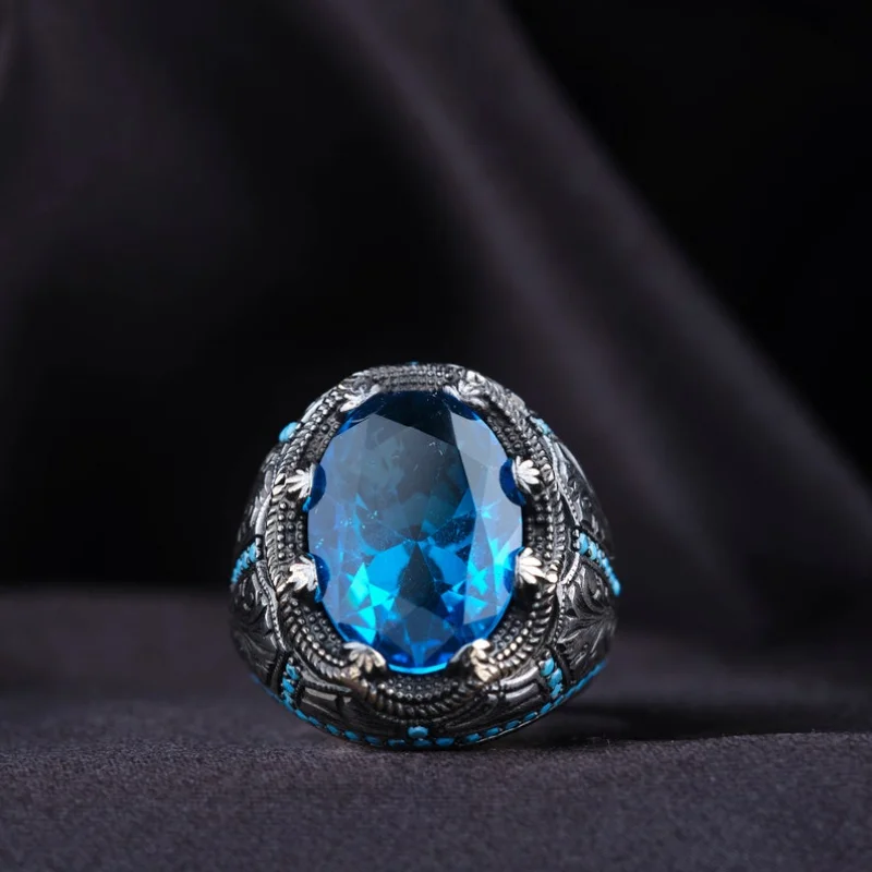 Turkish Rings Retro Handmade For Men Vintage Metal Silver Inlaid Blue Zircon Punk Muslim Jewelry