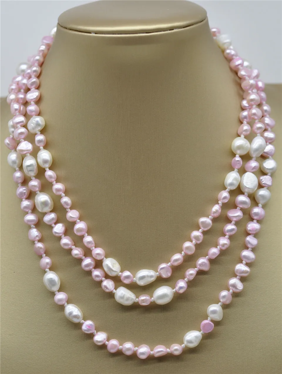 

HABITOO 5-9mm Pink White Baroque Freshwater Pearl Necklace 50" Jewelry Chains Necklace for Woman Choker Chain