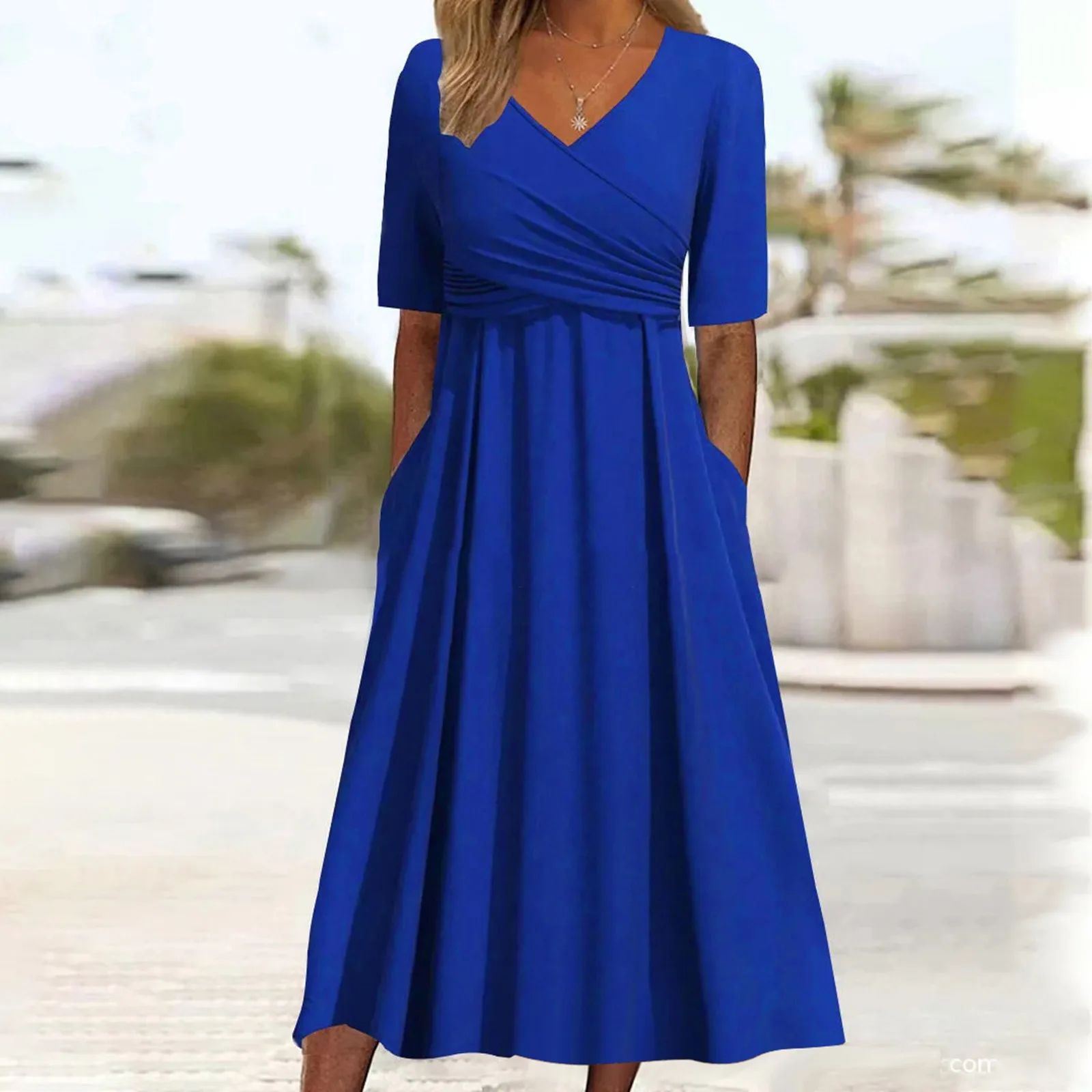 

Women Clothing Patchwork Simplicity Fashion Short Sleeve Long Dress Casual Temperament Solid Color V-Neck Pullovers Summer Dress