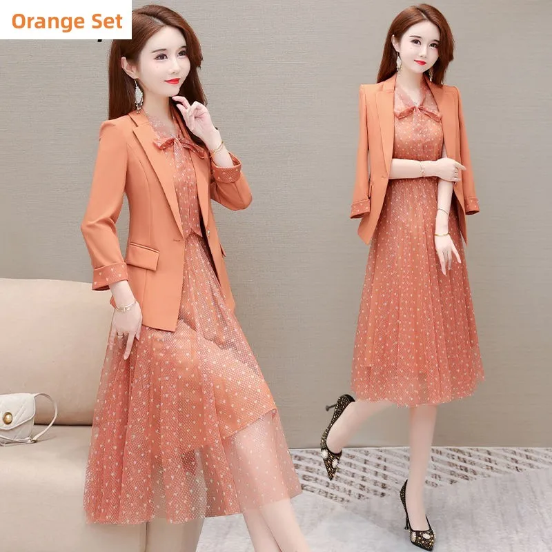 Women's 2023 Spring Summer Fashion Suit Coat+chiffon Fdress Two-piece Set Korean Elegant Blazers Jacket Mesh Midi Skirt Suits