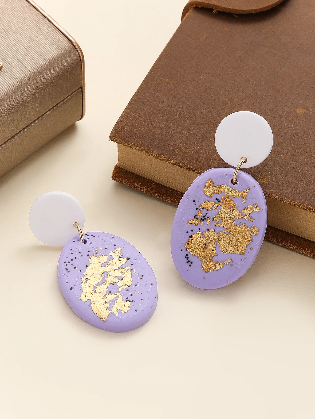 Artistic Lavender Rainbow Clay Earrings with Gold Foil Geometric Dangle