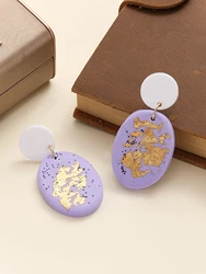 Artistic Lavender Rainbow Clay Earrings with Gold Foil Geometric Dangle (Lavender Oval)