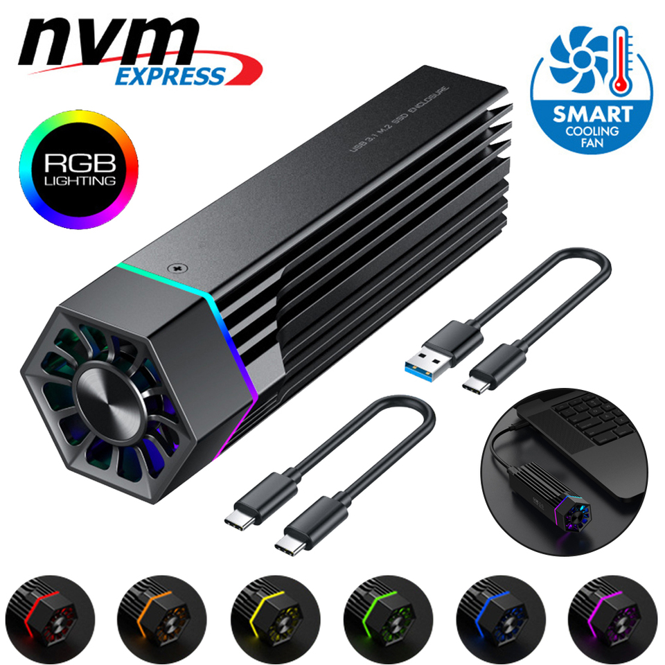  M2 Case with Cooling Fan RGB SSD Case Box M.2 NVMe Enclosure PCI-E to USB3.1 Gen2 Type-C 10Gbps for M Key/B 2280/2260/2242/2230 