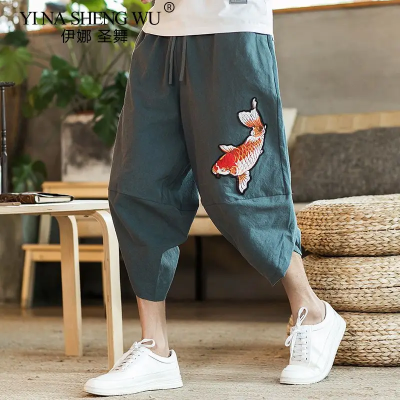 Men's Loose-fit Linen Short Traditional Chinese Style Embroidered Fish Beach Trouser Trendy Wide-leg Harlan Bloomer