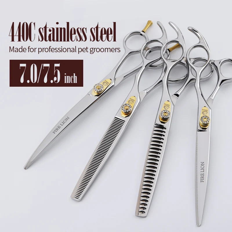 Dog Grooming Scissors FIRELION 7.0/7.5 Inch 440c Steel Professional Dog Cutting Thinning Curved Scissors Animals Pet Grooming Scissors for Dogs