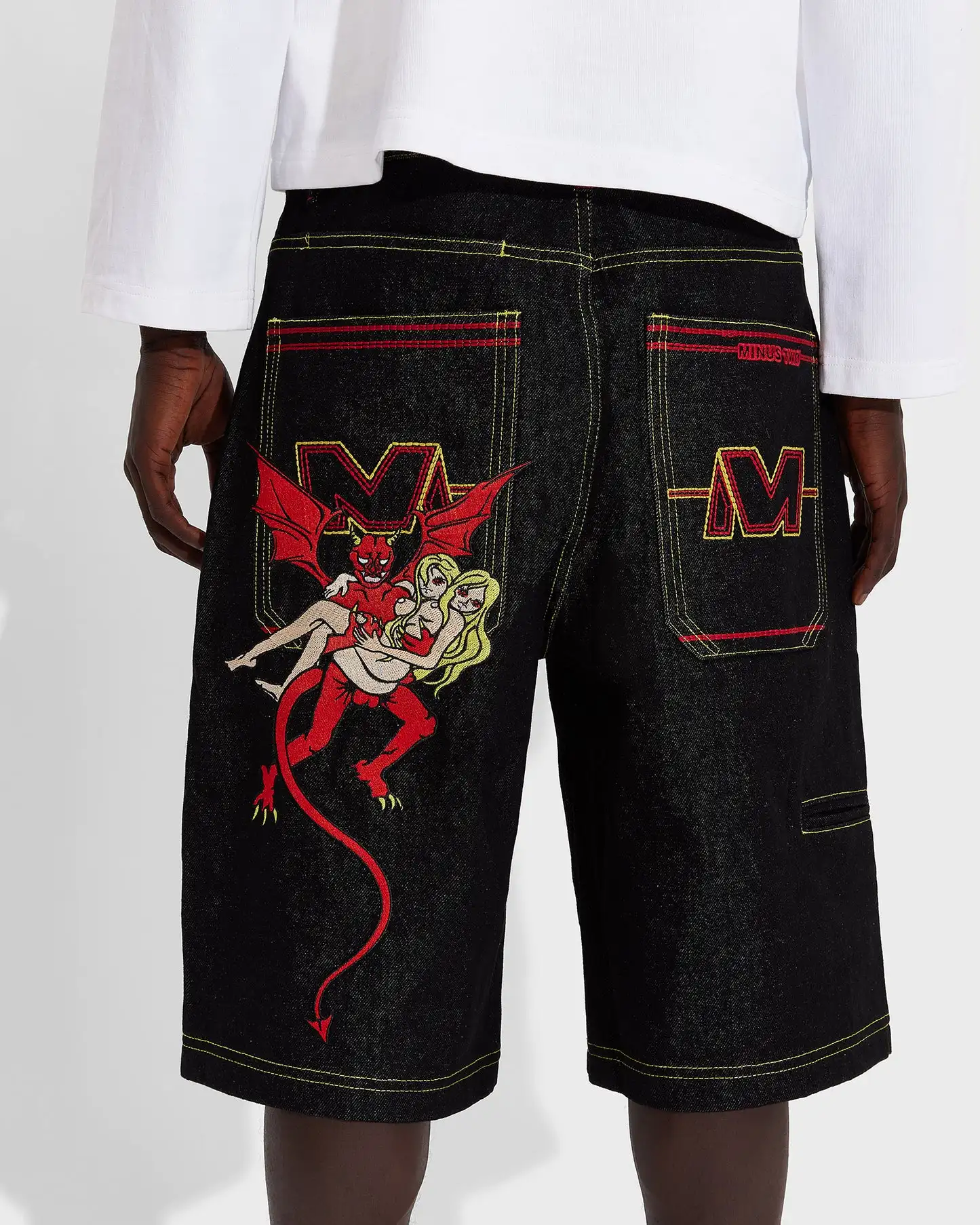 Streetwear Shorts Y2K Gothic Hip Hop Demon Embroidery Retro Black Baggy Jeans Denim Gym Shorts High Waist Men Basketball