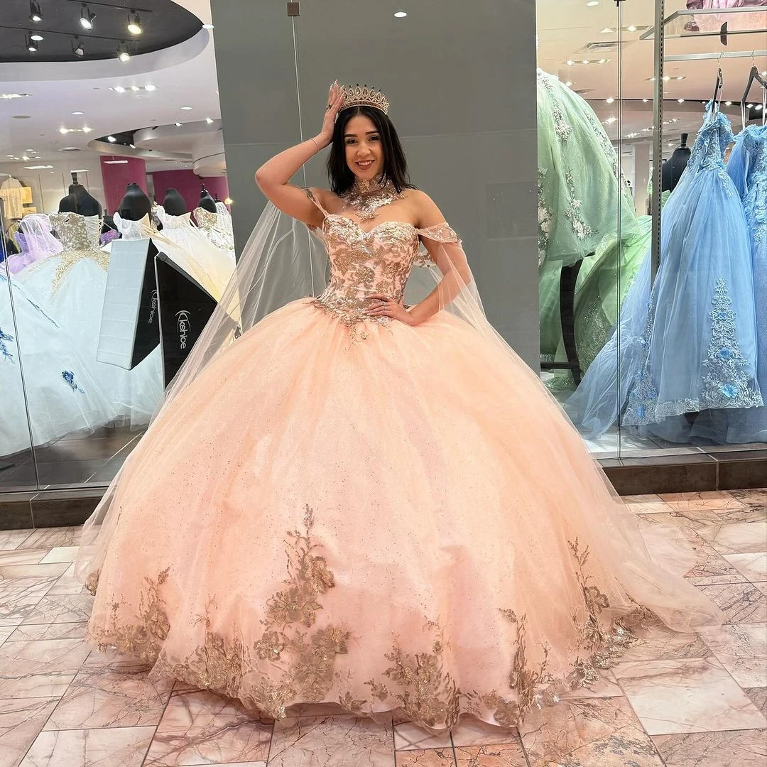 

New Pink Quinceanera Dress Ball Gowns Appliques Beads Off The Shoulder Cape Birthday Party Gowns Vestidos De 15 Anos Custom