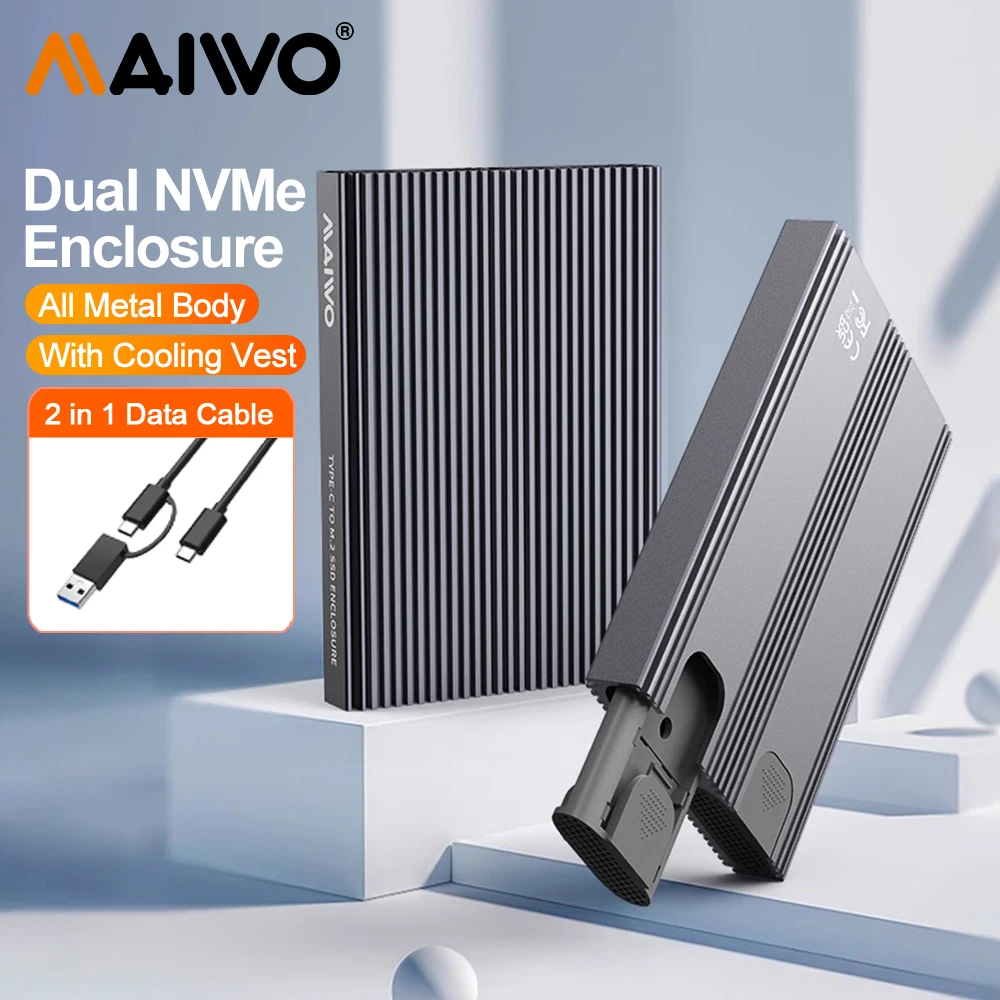 Maiwo-ssd Gabinete de Disco Rígido para pc e Laptop Case Externo Suporte Dual Bay 10gbps M.2 Nvme Ssd Ferramenta Gratuita