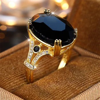 Luxury Unisex Big Oval Black Stone Rings For Women Men Antique Gold Color Female Male Zircon Wedding Bands Engagement Jewelry CZ