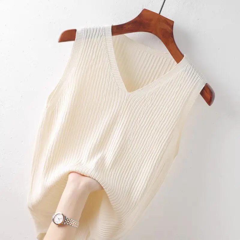 

Ice Silk Suspended Tank Top for Women's Inner Layup Summer Short Knitted Sleeveless Cover Head V-Neck Sexy Fashion Elegant Tops