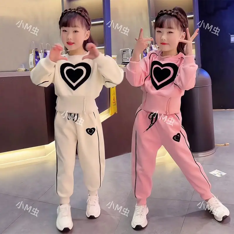 

Girls' Spring Clothes Love Suit New Western Style Spring Medium and Big Children Girl Pullover Sports Two-Piece Suit