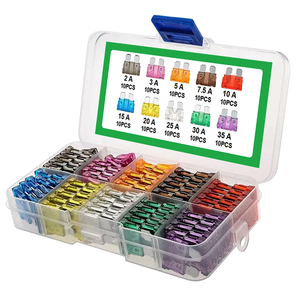 100Pcs Auto Fuse Kit 15A 20A 25A 30A 35A 10 Types Car Fuse Assortment with Box Blade Type Assorted Kit