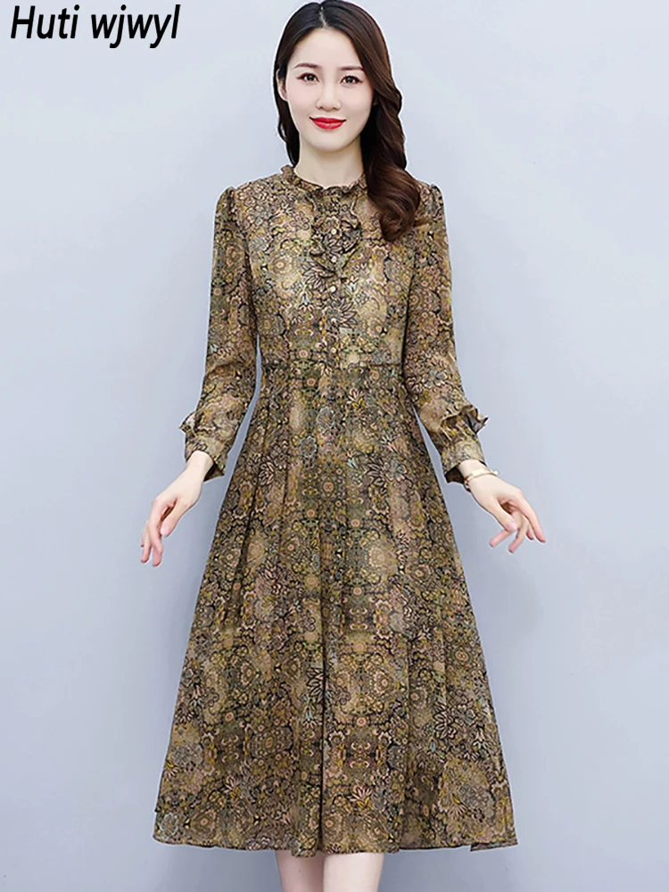 

Women Floral Chic Ruffled Collar Long Dress 2023 Vintage Casual Prom Dresses Spring Autumn Elegant Bodycon Party Luxury Vestidos