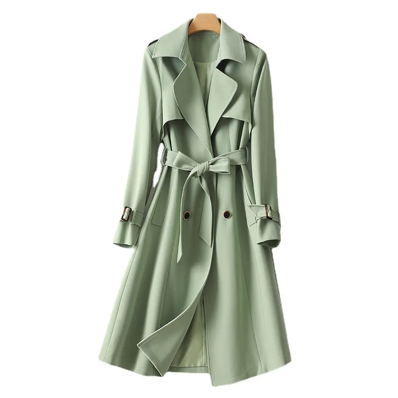 Elegant Long Coats and Jackets Women Light Green Lapel Belted Spring Autumn Trench Coat Office Lady Windbreaker New in Outerwear