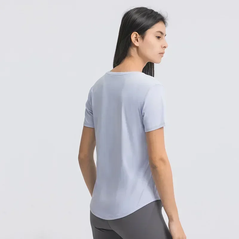 

Lemon Women Yoga Short Sleeve Breathable Running Sports Top Curved Hem Casual T-shirt Elastic Speed Dry Fitness Clothing