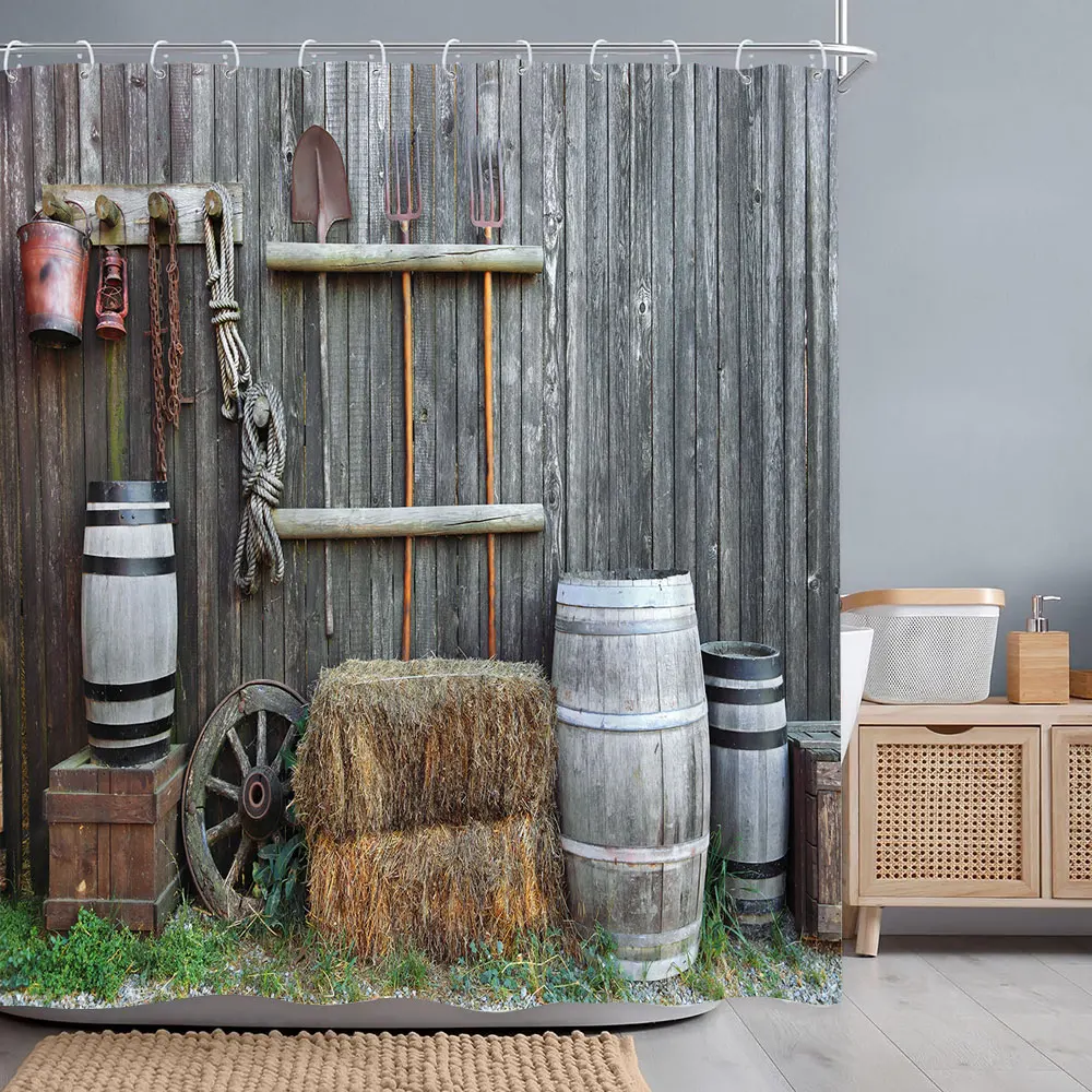 Bovlleetd Tenda da Doccia Rustica in Legno (183x198cm) Fattoria Multicolore Vintage Legno Tavola Fienile Porta Tenda da Doccia per il Bagno Impermeabile Tessuto Bagno Tende Decorative