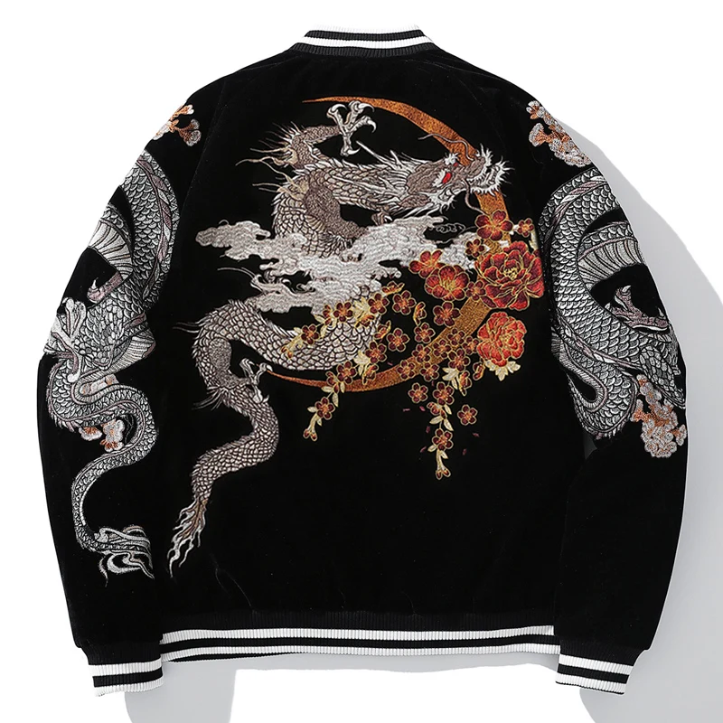 

Men's Japan Style Dragon Rosefinch Embroidery Pattern Loose Casual thick cotton-padded Jacket Size M-3XL