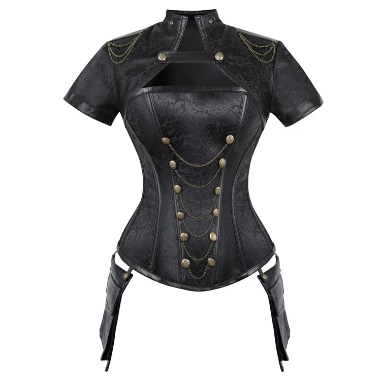 Women Retro Punk With Cape Steel Court Corset Zipper Gothic Belted Waistcoat