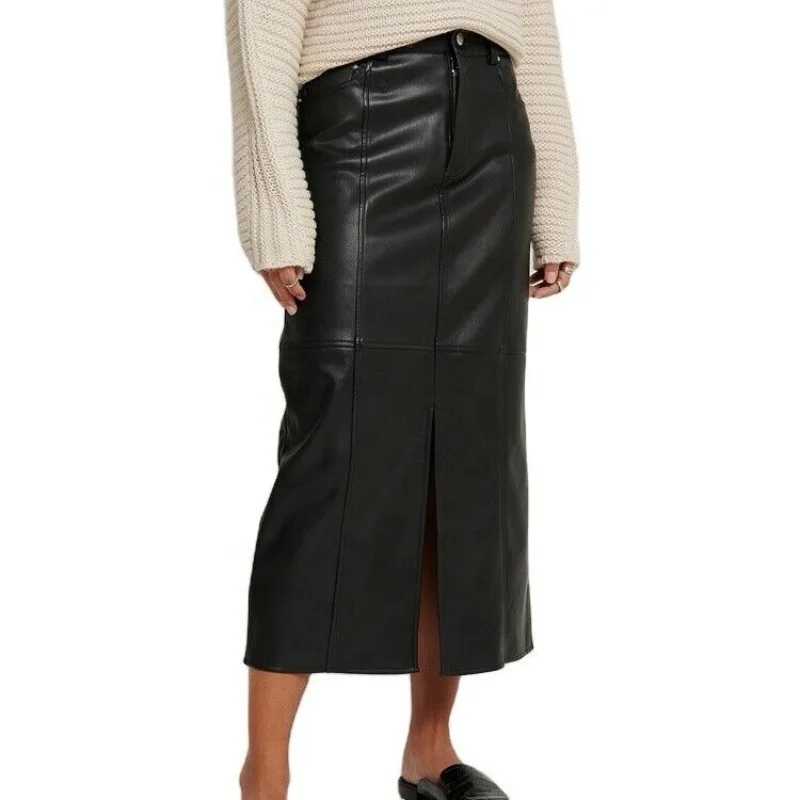 Women's Authentic Sheepskin 100% Leather Skirt Black High-end Long Skirt European and American Fashion Trend