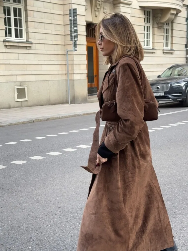 Belt Suede Long Trench Coat Women Loose Casual Velvet Maillard Windbreaker Outwear Autumn Double Breasted Commute Overcoat