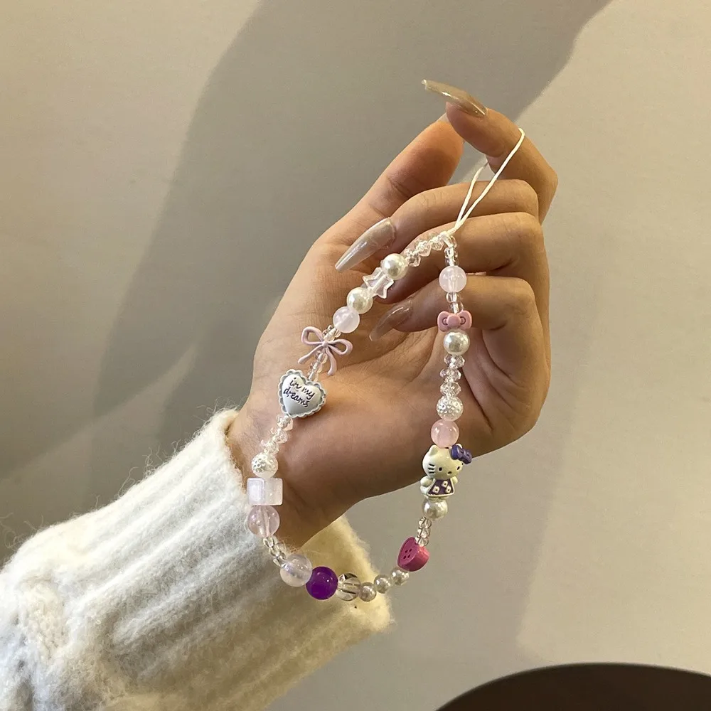 iigen Sanrio 보라색 헬로 키티 비즈 휴대폰 체인 귀여운 동물 고양이 교수형 로프 체인 아이폰 끈 쥬얼리 선물