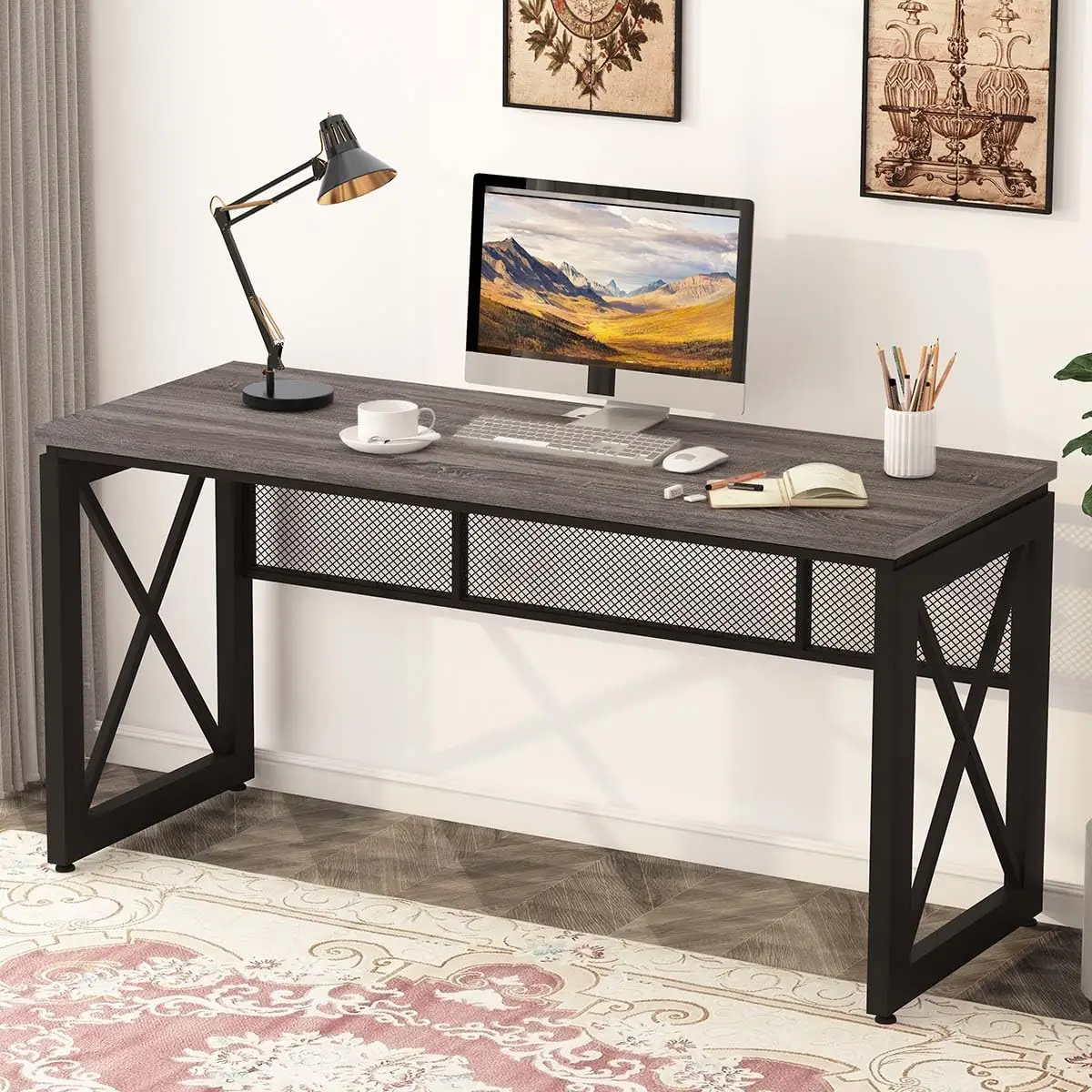 

BON AUGURE Industrial Computer Desk, Rustic Wood Desk for Home Office, Sturdy Metal Writing Work Desk (60 Inch, Dark Grey Oak)