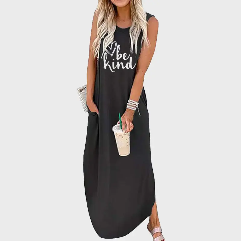

Be Kind Letter Printed Dress Womens Sleeveless Pocket Maxi Dress Summer Hawaiian Beach Tank Dress Plain Shirt Dress