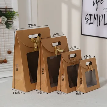 12/24pcs Kraft Paper Portable Gift Bag PVC Clear Window Packaging Bags for Small Business Birthday Christmas Present Wrap 1