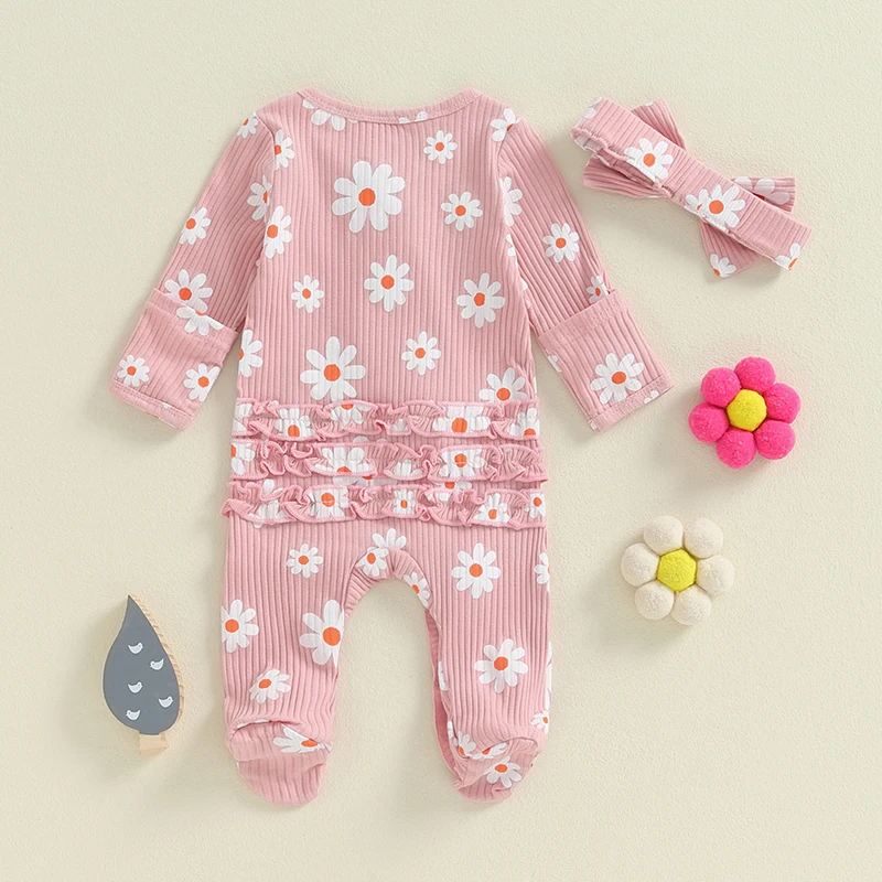 Newborn Baby Girl Footies Ribbed knit Romper Daisy Print Long Sleeve Zip Up Ruffle Jumpsuit Bodysuit Fall Clothes