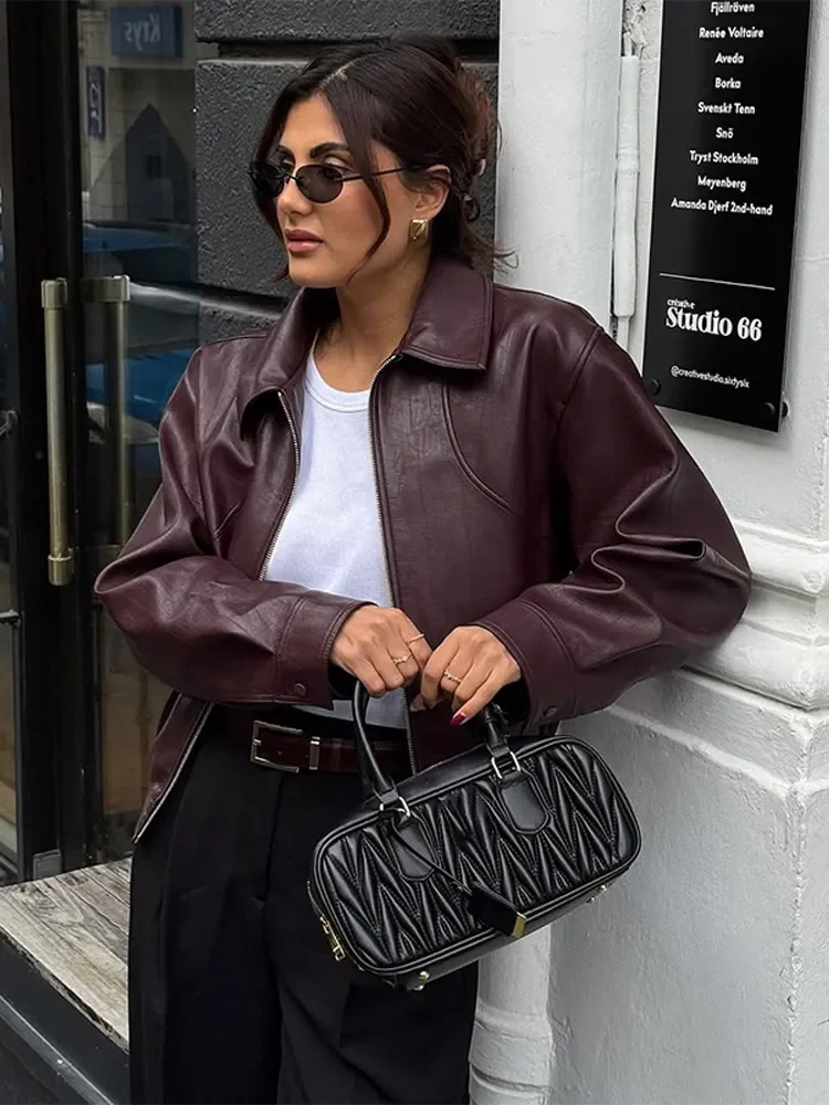 Solid Lapel Leather Short Coat Women Retro Zipper Simple Long