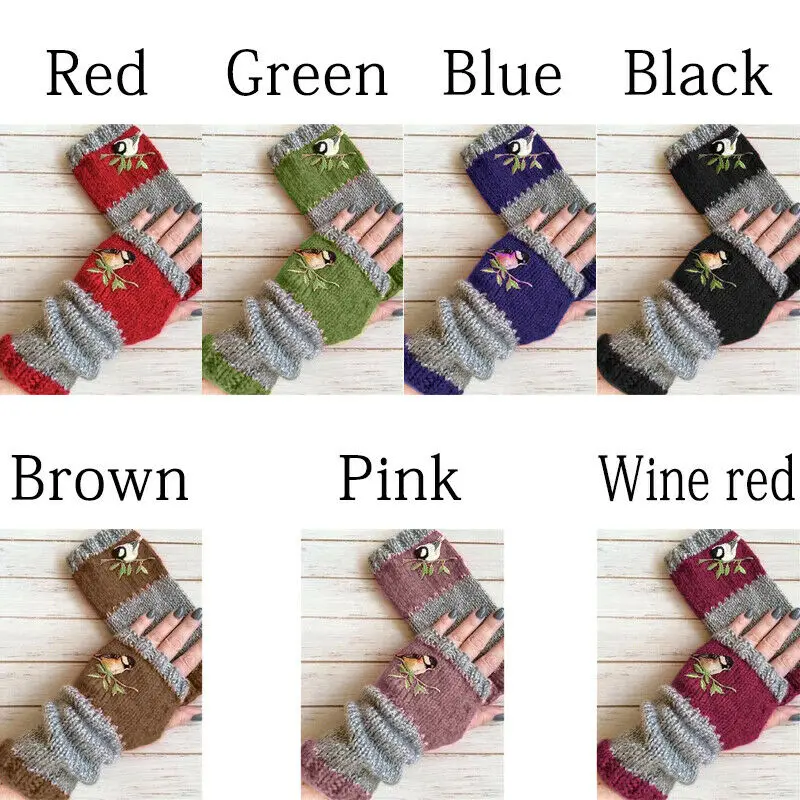 Warm Stitching Embroidered Gloves Cozy Wool Thick Fingerless Winter Gloves Tendonitis Lining Cold Weather Gifts
