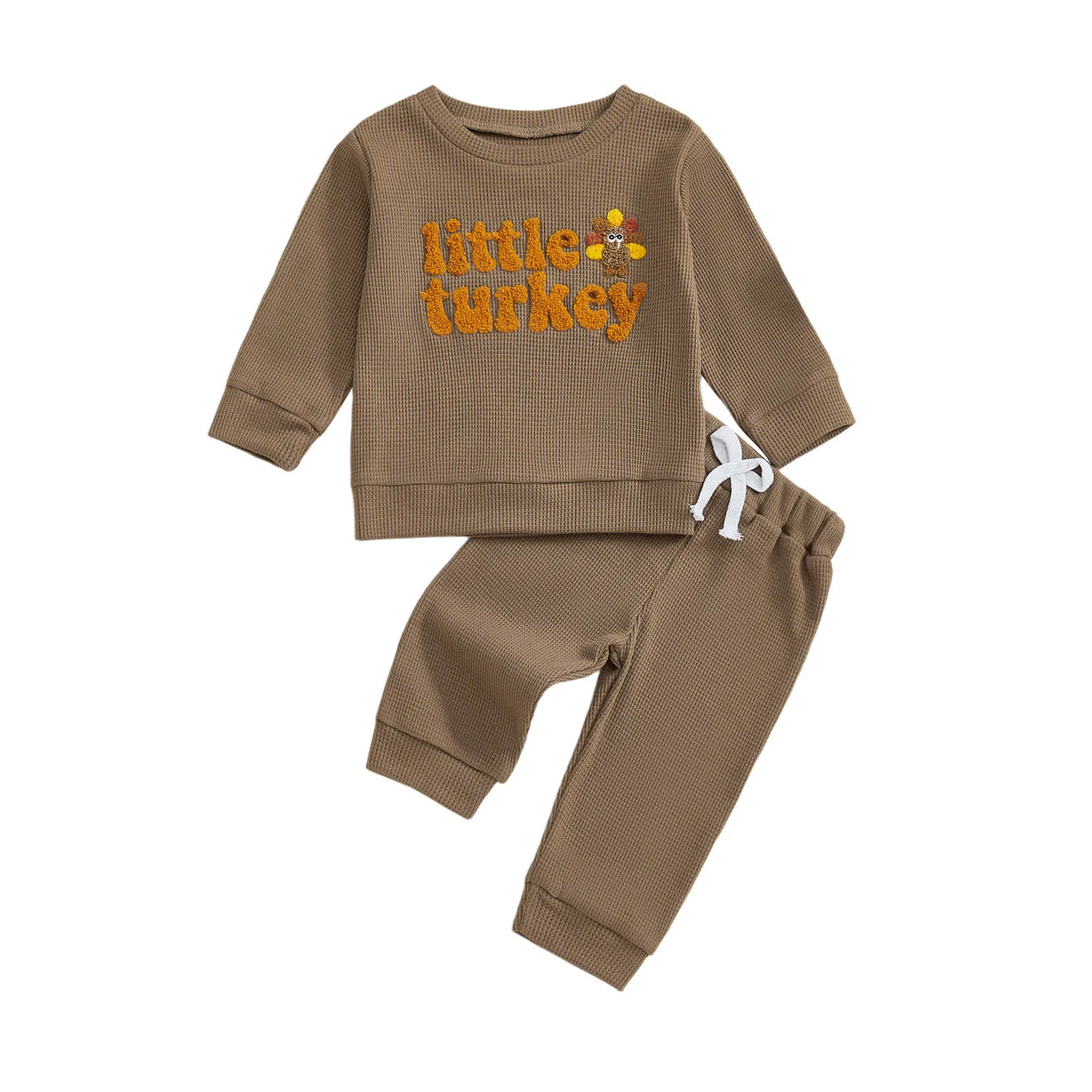 Kleinkind Thanksgiving Outfit Türkei Brief Stickerei Langarm Pullover Elastische Taille Feste Hosen 2 Stücke Waffel Set