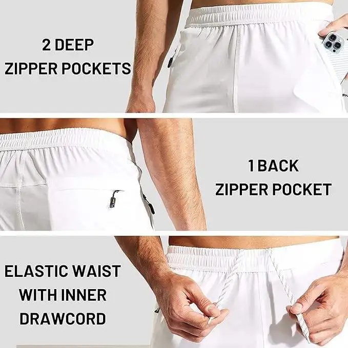 Men's shorts casual inner zipper zipper pocket elastic belt shorts cotton spandex shorts white 5