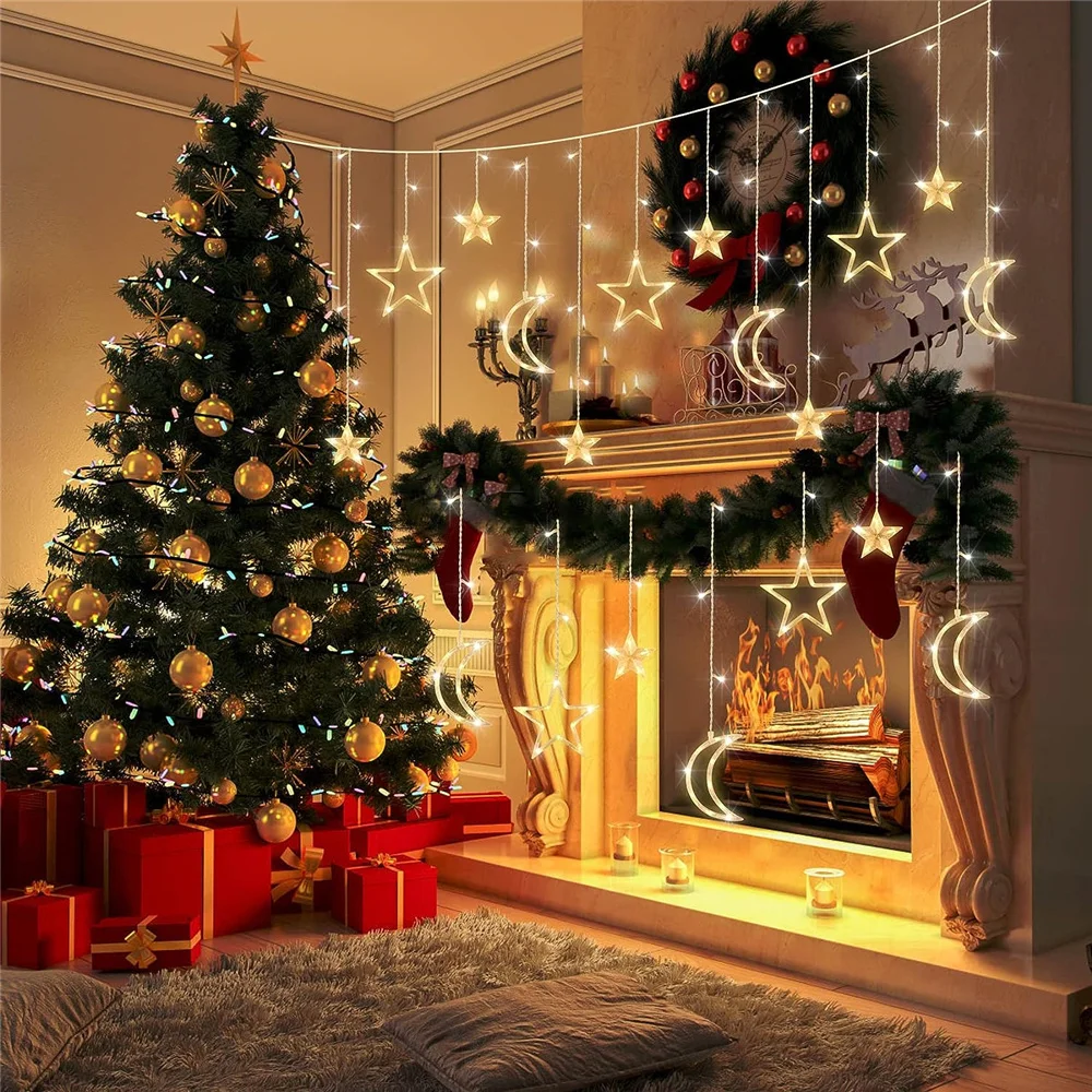 220V 138 LEDs Curtain Lights Christmas Moon Star Window Fairy String Lights for Indoor Window Patio Kid Bedroom Decoration