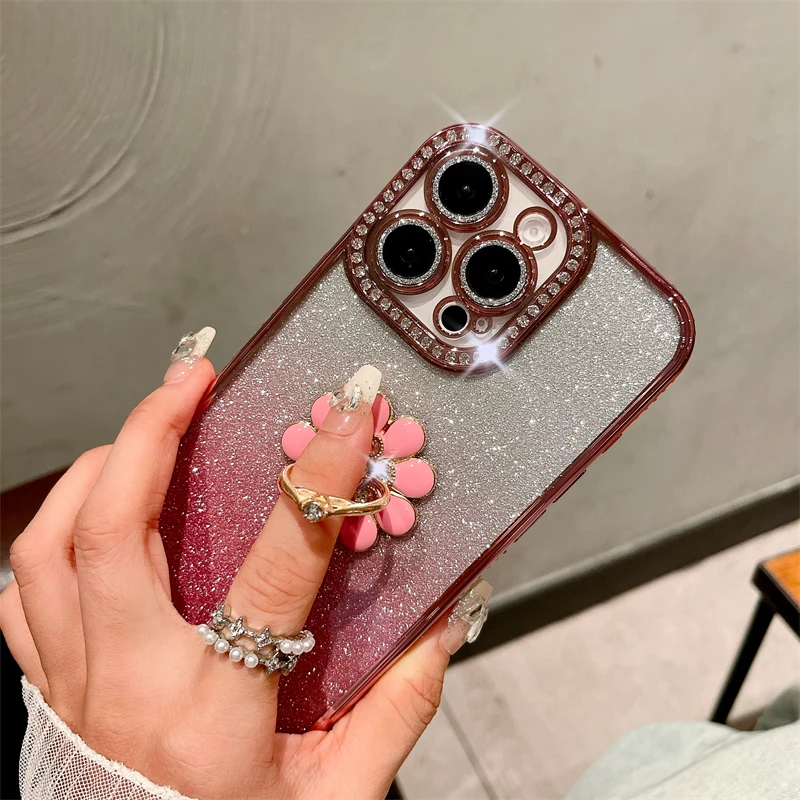Luxury Plating Flash Diamond Frame Glitter Phone Case with Holder Stand Cover