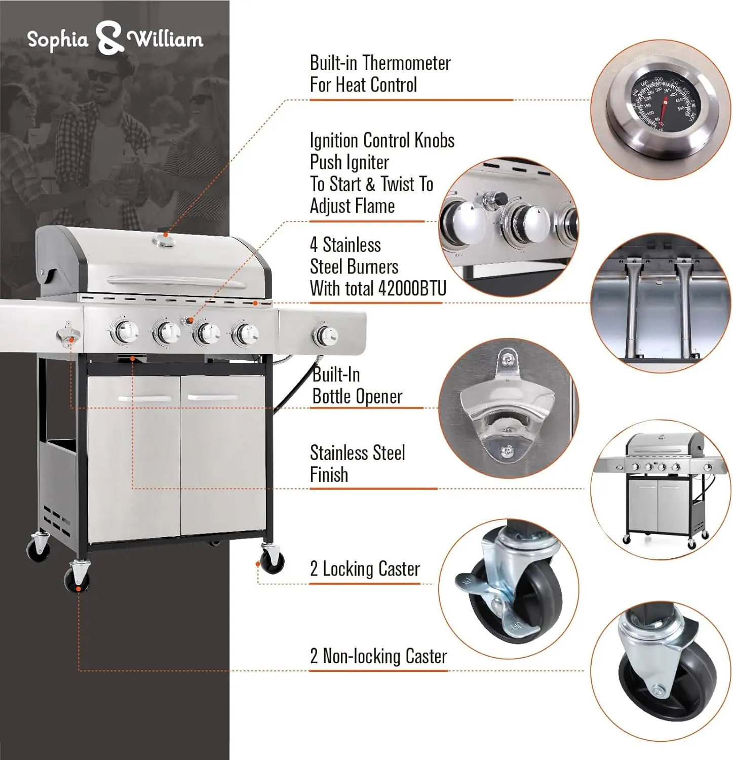 4-Burner Gas BBQ Grill with Side Burner and Porcelain-Enameled Cast Iron Grates 42,000BTU Outdoor Cooking Stainless Steel