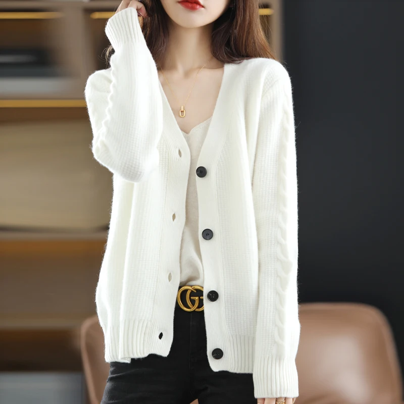 

Spring And Autumn New Pure Wool Knit Cardigan Ladies V-Neck Solid Color Top Loose Casual Fashion Versatile Sweater Thin Section