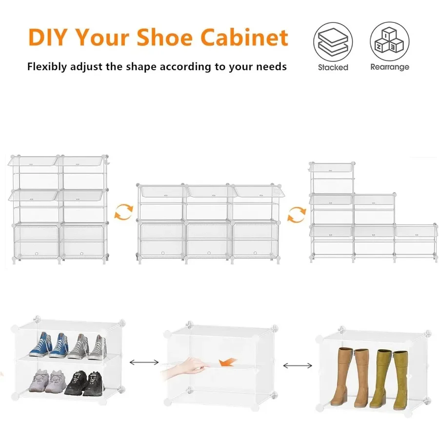 Shoe Rack 6 Tier Shoe Storage Cabinet with Door 24 Pair Shoe Organizer Shelves for Closet Hallway Bedroom Entryway Transparent
