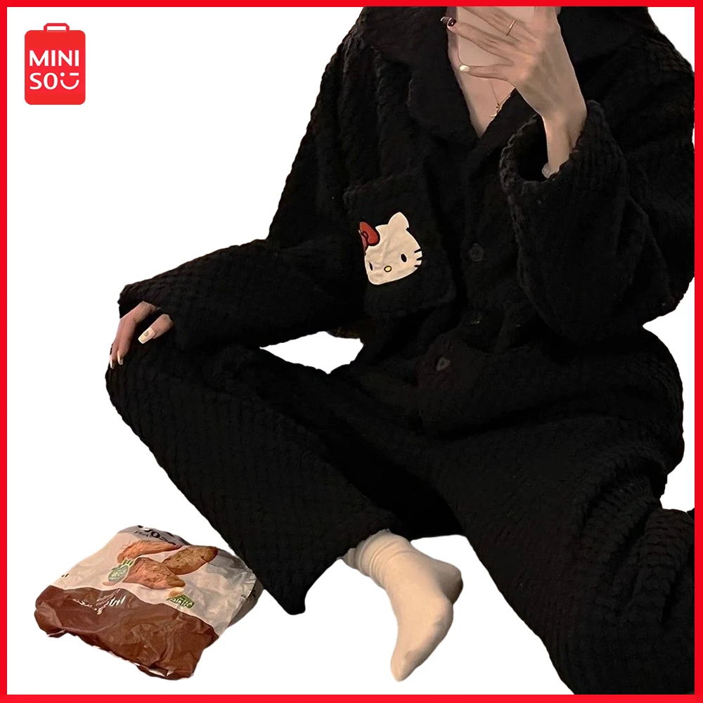 

New Miniso Kawaii Sanrio Hellokitty Korean Cartoon Pajamas Female Winter Warm Suit Coral Fleece Thickened Homewear Couple Clothe