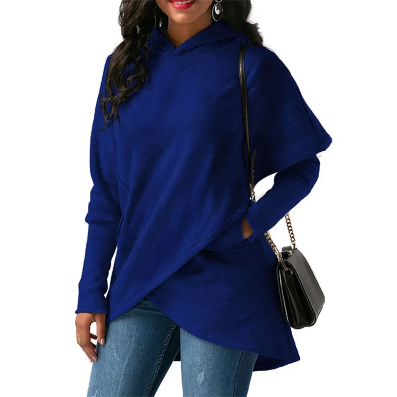 Autumn Winter Warm Two Pocket Splicing Hooded Sweatshirt Female Daily Casual Loose Hoodie Women's Long Sleeve Irregular Hem Tops