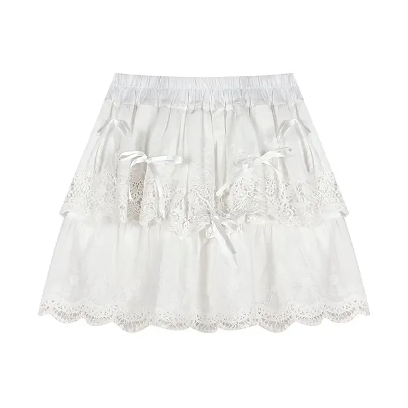 Deeptown Coquette White Lace Short Skirt Ruffle Women Sweet Bow Kawaii Mini Skirts Patchwork Layered A-line Aesthetics Skirt 6