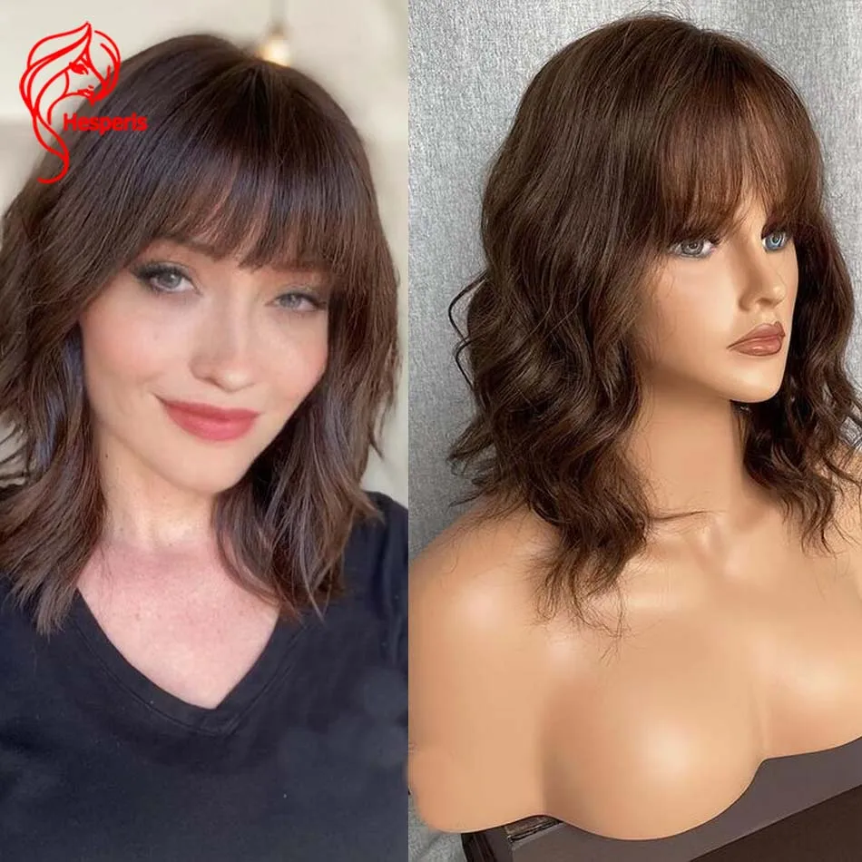 

Hesperis brown Wave Short Bob Human Hair Wigs Brazilian Remy Full Machine Made Wig With Bangs Bob Cut Wave Wear And Go For Women