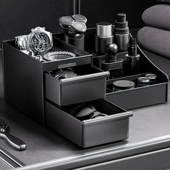Organizer da Scrivania Nero con Cassetti, Scatola Portaoggetti Multicomparto per Cancelleria, Trucchi e Accessori