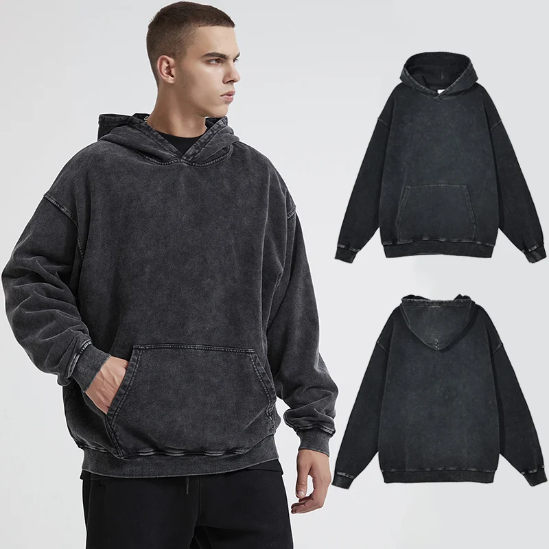 

Casual Baggy Loose Fit Pullover Tops Spring Fall Hooded Sweatshirts with Pocket Vintage Black Cotton Blend Hoodies for Men Women