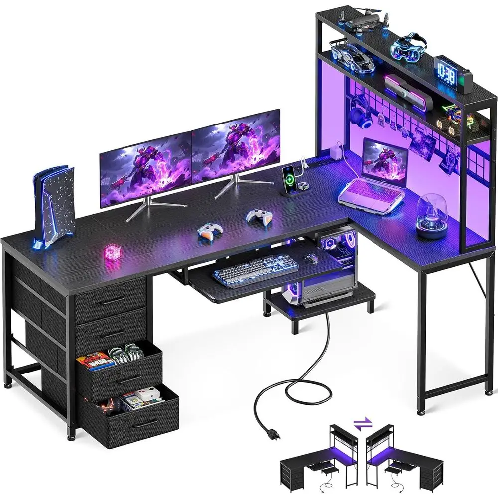 L-Shaped 59 Desk with 4 Drawers, LED-lit Gaming Desk, Power Outlets, Pegboard, and Reversible Office Desk with Storage in Black
