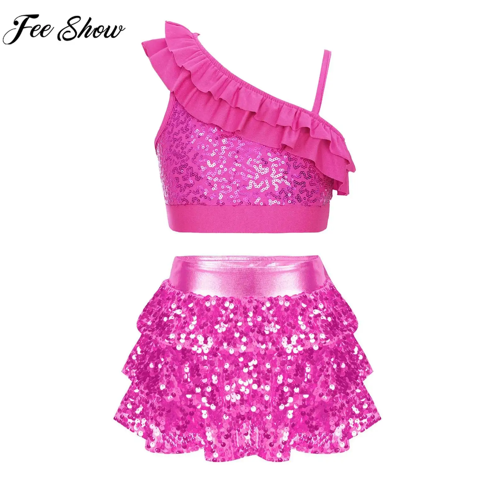 

6-14Y Girls Hip Hop Street Jazz Dance Performance Costume Sequin Crop Top with Tiered Culottes Carnival School Party Dancewear