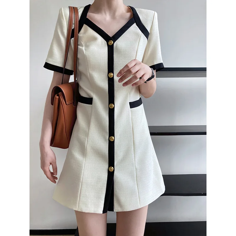 

8833 Summer Fashion High Quality Women Short Sleeve Casual Dress Above Knee Button Up Black White Simple Patchwork Elegant Skirt