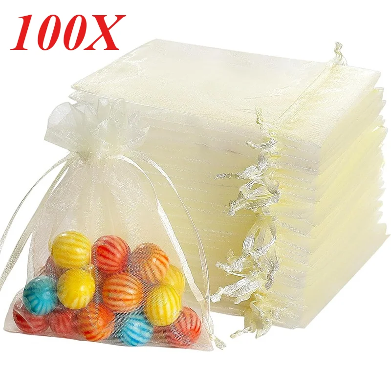 100 Stück Organzabeutel, milchig-weiße Netz-Schmuckbeutel mit Kordelzug, kleine Kordelzug-Geschenkbeutel, Weihnachten, Süßigkeiten, Hochzeit, Geburtstag