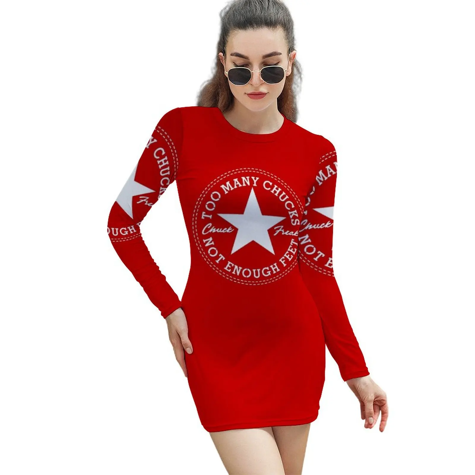 

Too Many Chucks, Not Enough Feet - white type for dark shirts Long-Sleeved Sheath Dress Long veiled dresses