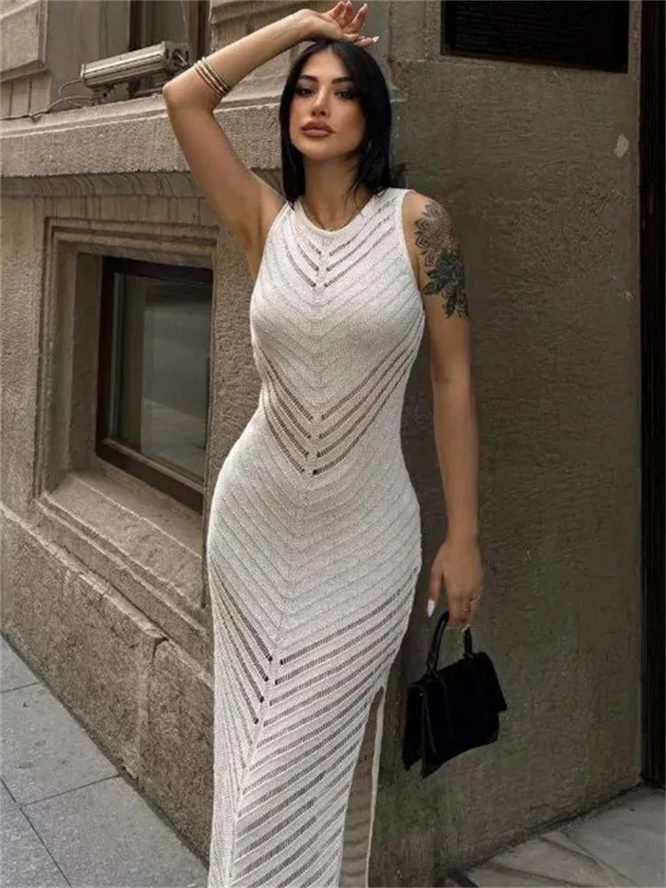 Knit Hollow Out Patchwork Maxi Dress Female High Waist Sleeveless Fashion See-Through Party Dress Women's Elegant Dress